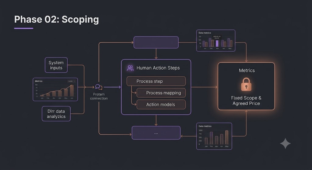 Scoping: a project scope blueprint detailing system connections, data inputs and human action steps, locked to a fixed scope and agreed price card.