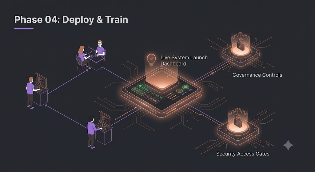 Deploy and train: a launch dashboard with governance controls, security gates, documentation nodes and a team training workflow.