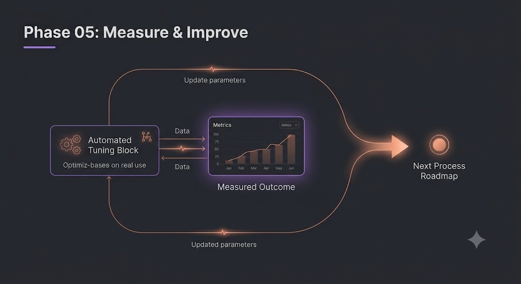 Measure and improve: a feedback loop where performance reporting feeds system tuning, with an arrow to the next process roadmap.